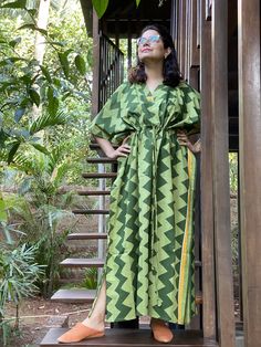 I made this caftan dress from a beautiful geometric pattern and is available in many colors. I used the softest mulmul cotton fabric to make this. It is extremely soft and it gets softer with every wash. It is so free flowing, that it will make you feel as if you aren't wearing anything at all ;) The beauty of the Kaftans is they will fit everyone so no need to worry about the size et all. All my Kaftans have deep necks(11-12 inches) so will fit all head sizes. However, the length of my kaftans Cotton V-neck Kaftan With Relaxed Fit, Cotton V-neck Kaftan For Loungewear, Summer V-neck Rayon Kaftan, Fitted Multicolor V-neck Kaftan, Green V-neck Kaftan With Vibrant Print, Labor Gowns, Bridesmaid Pjs, Delivery Gown, Hospital Gown