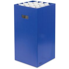 a blue file box filled with files