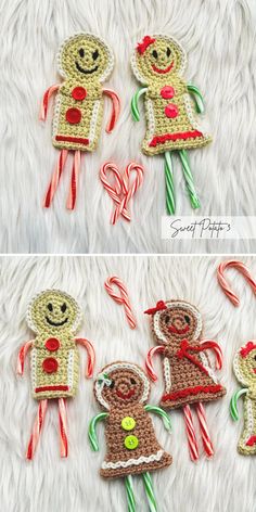 crocheted gingerbread man and woman ornament with candy canes on white furnishing