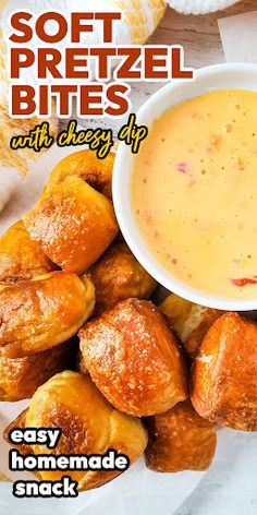 the cover of soft pretzel bites with cheesy dip is shown on a plate