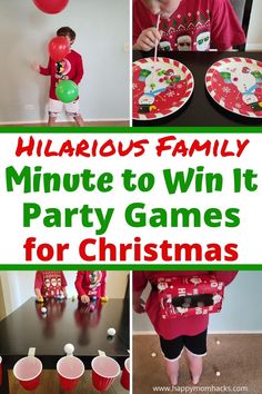 a collage of photos with the words hilarious family minute to win it party games for christmas