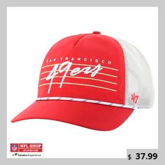 a red and white trucker hat with the words, san francisco apparel on it