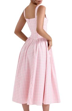 Sweet ribbon is threaded through tonal eyelets along the bodice of this checked midi dress with patch pockets along the playfully flared skirt. Exclusive retailer Back zip closure Square neck Button straps Front patch pockets Lined 77% viscose, 21% polyester, 2% elastane Dry clean Imported Gingham Midi Dress For Garden Party, Spring Plaid Dress For Garden Party, Pink Fitted Midi Dress For Picnic, Fitted Pink Midi Dress For Picnic, Pink Midi Length Dress For Picnic, Pink Midi Dress For Picnic, Spring A-line Plaid Dress, Knee-length Gingham Midi Dress For Picnic, Spring A-line Gingham Plaid Dress