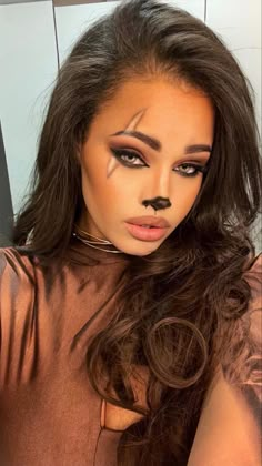 Scar Outfit Ideas, Scar Makeup Lion King Simple, Scar Lion King Makeup Halloween, Halloween Makeup Cat Woman, Cute Lion Makeup, Scar Disney Makeup, Scar Lion King Costume Women, Black Woman Halloween Makeup, 2024 Halloween Makeup Ideas