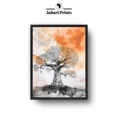 an orange and black painting with a tree in the middle, on a white background