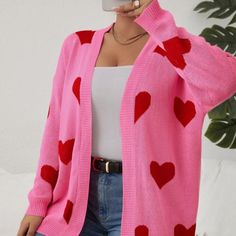 Shein Plus Heart Pattern Pink With Red Heart Pattern Cardigan Duster, New In Package Never Used Just Taken Out For Photos Tags Are On Packaging, Measures Pit To Pit Unstretched 58", Shoulder To Hem Line 31.5". Bin#95 Red Heart Pattern, Shein Sweater, Red Heart Patterns, Pattern Cardigan, Plaid Sweater, Plus Size Cardigans, Cute Cardigans, Short Cardigan, Floral Cardigan