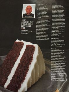 a piece of cake with white and red frosting is on a plate in front of an advertisement