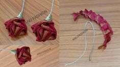 the instructions for how to make an origami flower headband with ribbon and thread