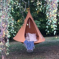 a hammock hanging from a tree in the woods