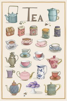 a poster with different types of tea cups and saucers on it's sides