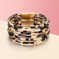 Leopard Print Leather Bracelet. Gold Tone, Zinc Alloy Hardware. Magnetic Closure. Seven Strands. 7-1/4” When Closed. Wrap Armband, The Bangles, Bracelet Pandora, Beaded Cuff Bracelet, Bohol, Wide Bracelet, The Leopard, Metal Pipe, Boho Leather