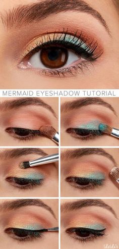 10 Golden Peach Makeup You Must Love Mermaid Eyeshadow, Eyeshadow Inspiration, Mermaid Makeup Tutorial, Make Up Mata, Brown Eye Makeup Tutorial, Mermaid Eyes, Mermaid Beauty, Yellow Makeup, Peach Makeup