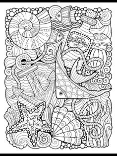 an abstract coloring page with fish and waves