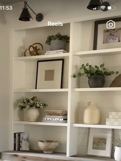 a white bookcase filled with lots of books next to a wall mounted vase and potted plant