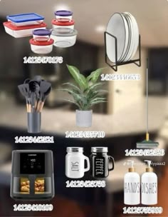 there are many different items that can be seen in this graphic above the words, kitchen utensils and dishes