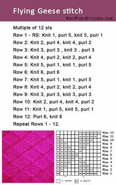 the knitting pattern for flying geese stitchs is shown in pink and white, as well as