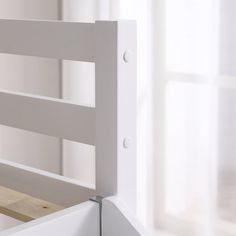 a close up view of the headboard and rails of a bed with white walls