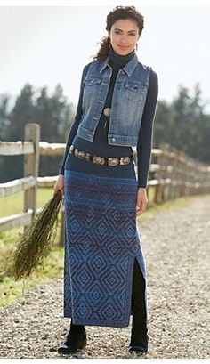 Love this new western design on the Pinedale Ridge knit skirt from Pendleton, and the silver belt with blue jean vest is a classy Western look! Groovy Outfits, Southwestern Fashion, Blue Jean Vest, Autumn Fashion Women Fall Outfits, Southwest Design, Evolution Of Fashion