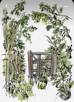 a drawing of an open gate in the middle of a garden with trees and bushes