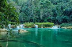 there is a waterfall in the middle of this river with green water and trees around it