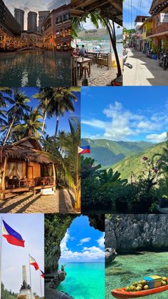 many different pictures with boats and mountains in the background