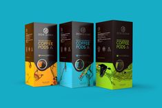 three boxes with different types of coffee on them