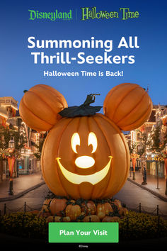 an advertisement for disneyland's halloween time pumpkin festival with mickey ears on it and the words, summoning all thrill - seeking