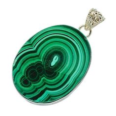 a green and white pendant with a silver chain hanging from it's center, on a white background