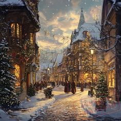 a painting of people walking down a street in the snow at night with christmas lights