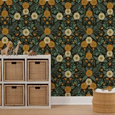 the wallpaper is very colorful and has many flowers on it, as well as wicker baskets