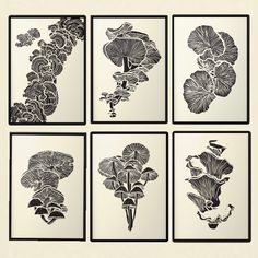 four black and white prints with flowers on them, each one in different sizes or shapes