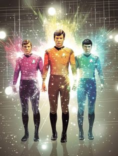 three men in star trek uniforms standing next to each other with bright lights behind them