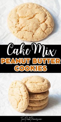 three cookies stacked on top of each other with the words cake mix peanut butter cookies