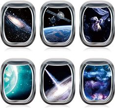 four different pictures of the earth and space in each one's window, including an astronaut