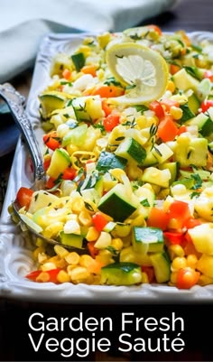 a platter of veggie saute. Summer Vegetable Medley, Corn Medley Recipe, Zucchini And Corn Recipes, Corn Medley, Corn Recipes Healthy, Confetti Corn, Succotash Recipe, Summer Side Dishes Recipes