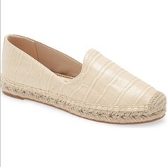 This Sleek Leather Flat With Jute Roping Along The Midsole Is An Easy And Breezy Choice For Warmer-Weather Outings. Leather Upper/Synthetic Lining And Sole Imported Women's Shoes Cream Slip-on Flats For Spring, Spring Cream Slip-on Flats, Leather Espadrilles With Textured Footbed, Comfortable Cream Flats For Spring, Cream Flats With Rubber Sole For Spring, Cream Flats With Woven Sole For Spring, Spring Workwear Flats With Woven Sole, Casual Beige Flats For Work, Chic Slip-on Espadrilles With Cushioned Footbed