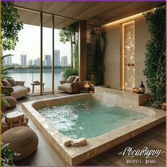 an indoor jacuzzi tub in the middle of a room