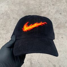 Black Corduroy 3d Fire Swoosh Dad Cap Hat Hat Design, Streetwear Hats, Cool Beanies, Custom Fitted Hats, Baseball Design, Hat Patches