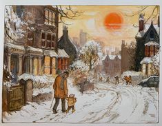 a painting of a man and child walking down a snow covered street in front of houses