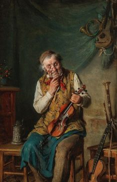 an old man is playing the violin in his living room with other instruments around him