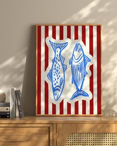 Retro Fish Wall Art Print (Lobster Print, Vintage Food Print, Retro Kitchen Poster, Tinned Fish, Sardines Poster, Sea Life Illustration made by SleepyDiscoDesigns ___ An illustrated art print, created by Mollie from Sleepy Disco Designs. Designed, printed and packaged by hand from Mollie’s South Yorkshire studio. Printed on archival matte 230gsm recycled paper. Painting Ideas Fish, Sardines Illustration, Posters For Kitchen, Etsy Posters, Sea Life Illustration, Lobster Illustration, Fish Paintings, Lobster Art, Fish Poster