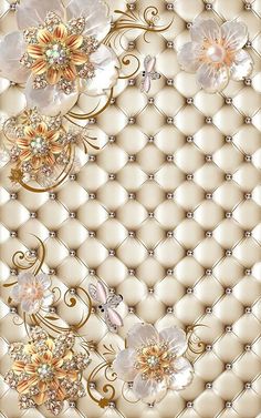 an abstract background with flowers and pearls on it's side, in gold and white