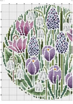 a cross stitch pattern with purple and white flowers