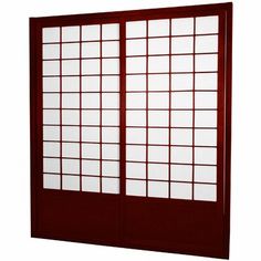 an image of a sliding glass door with white panels on the outside and red trim