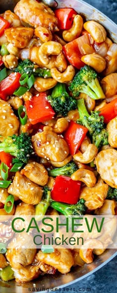 cashew chicken and broccoli stir fry in a pan with the words cashew chicken