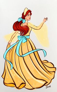 a drawing of a woman in a yellow dress with blue ribbon around her waist and red hair