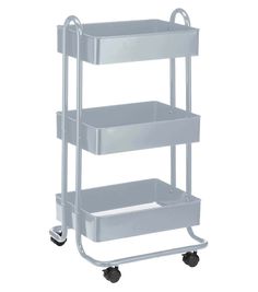 a three tiered cart with wheels and two trays on each side, in white