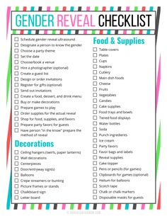 gender reveal checklist with long list of items for planning the party, including steps for planning the vent, decorations to get, and other food and supplies needed Gender Reveal Checklist, Gender Reveal Ultrasound, Checklist Ideas, Gender Reveal Diy