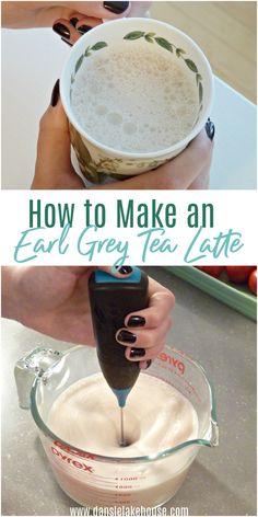 how to make an ear grey tea latte in a blender with text overlay that reads, how to make an ear gray tea latte