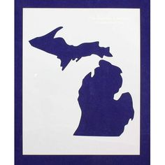 a blue and white sign with the shape of michigan on it's back side